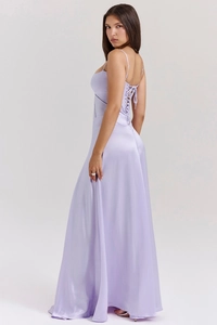 Detailed view of the lavender satin dress with adjustable lace-up back and slim fit design