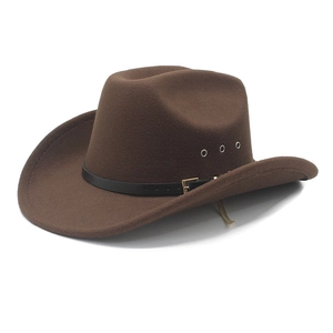Detailed view of brown felt cowboy hat with leather belt, metal buckle and breathable vents