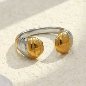 Bague Ouverte En Acier Inoxydable Plaqué Or 18K Bicolore Serpent Texture Ondulée Nervurée Bijou Chic Femme