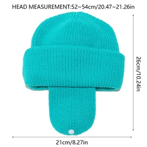 Size guide for kids knitted winter hat with ear flaps and head measurement details
