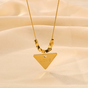 Asymmetric 18K gold stainless steel necklace with triangle LOVE pendant and beads