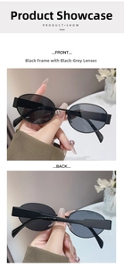 Vorder- und Rückansicht der ovalen Sonnenbrille mit schwarzem Rahmen und grauen Gläsern