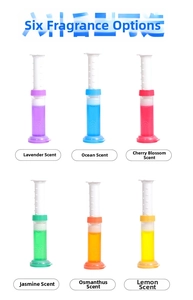 Detail view of six aromatic toilet cleaning gels in lavender, ocean, and lemon scents