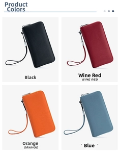 Detailed close-up of leather long wallets in black, wine red, orange, and blue finishes
