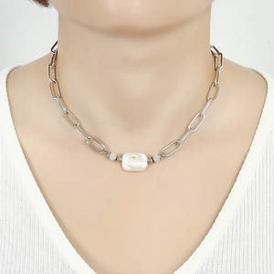 Collana a graffetta con perla barocca in acciaio inossidabile placcato oro 18K