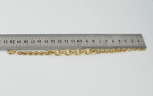 Detailed view of an 18K gold stainless steel chain bracelet with measurement ruler