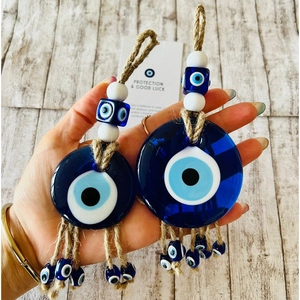 Blue Glass Evil Eye Pendant Turkish Nazar Hanging Ornament With Jute Rope For Home Car Protection Good Luck Handmade Ethnic Style