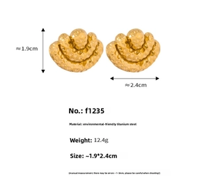 Detailed view of gold-plated titanium steel sycee earrings with hammered texture and dimensions