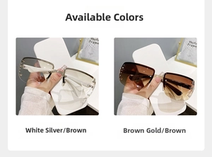 Detail view of rimless rhinestone sunglasses in White Silver and Brown Gold finishes