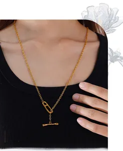 Detailed view of golden stainless steel necklace with a T-bar clasp and pin-style links