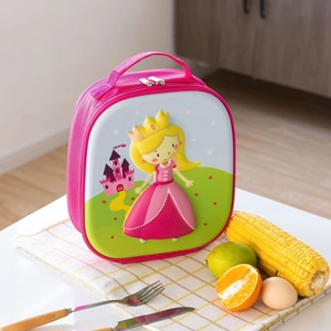 Close-up of pink 3D embossed princess lunch bag with durable zipper and carry handle