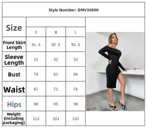 Guide des tailles détaillé pour robe en maille noire à épaules dénudées et manches