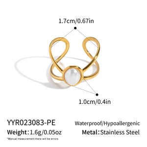 Detailed size specifications for a gold stainless steel ring with 10mm white faux pearl