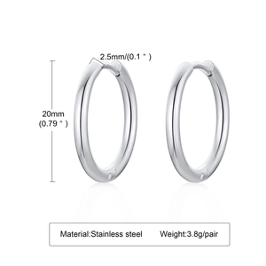 Detail view of 20mm stainless steel hoop earrings with size measurements and dimensions
