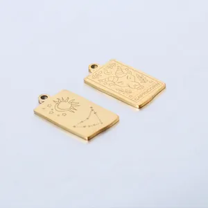 Detailed macro view of gold-plated rectangular Capricorn zodiac pendant in stainless steel