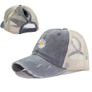 Distressed grey baseball cap with daisy embroidery and high ponytail mesh back hole
