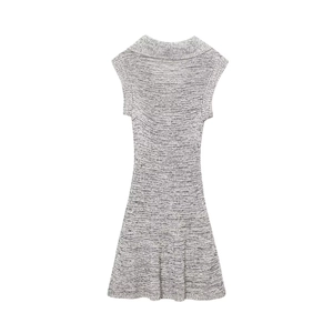 Elegant sleeveless knit A-line mini dress with grey and white bow tie pattern design
