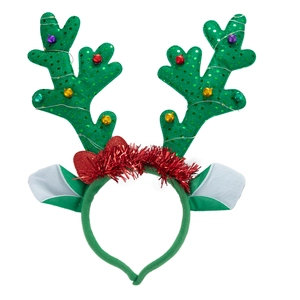 Detail of Christmas reindeer headband with green sequins, bells, and LED light strings