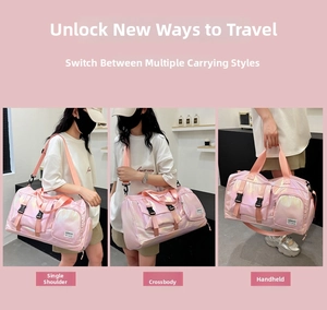 Pink holographic sports bag shown in three ways: shoulder, crossbody, and handheld styles
