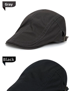 Detailed view of adjustable metal buckle and stitching on cotton beret flat caps