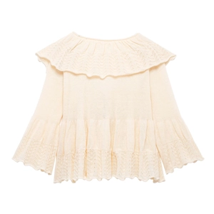 Detail of knit top featuring large double-layered ruffle collar and hollow lace crochet