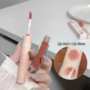 Dual-head lip glaze set with matte mud and glossy finish in cinnamon milk coffee shade