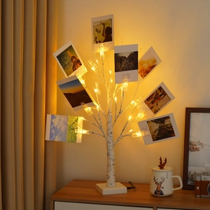 LED Birch tree light with clips for photos and gift cards, warm white decorative tabletop lamp