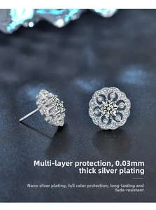 Macro detail of silver floral stud earrings featuring cubic zirconia and plating process