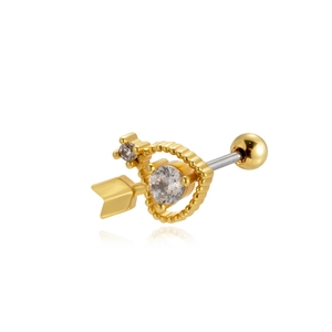 Close-up of golden stainless steel heart and arrow earring with sparkling zircon stones