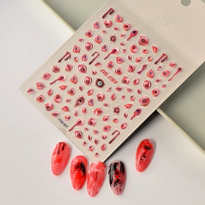 Macro detail of 5D embossed Halloween evil eyes nail stickers with realistic bloody tears