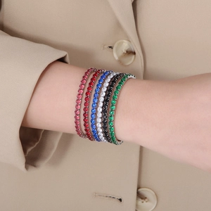 Colorful 4mm elastic tennis bracelets with rows of sparkling zircons worn on wrist