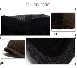 Detail view of newsboy cap featuring herringbone wool texture and adjustable strap