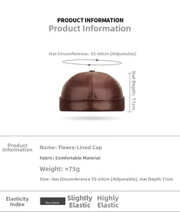 Detail view of brown PU leather docker cap with size dimensions and warm fleece lining