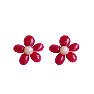 French oil painting style red flower stud earrings with white pearl centers for women