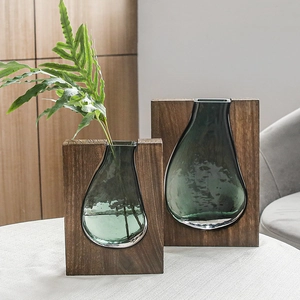 Creative Dark Green Glass Vase With Wood Frame Nordic Style Handmade Home Decor Flower Arrangement Modern Ornament