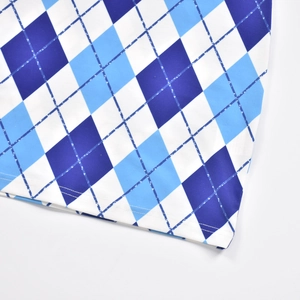 Détail du tissu à carreaux bleu et blanc montrant les coutures et le motif de losanges