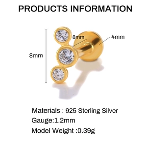 Detailed sizing chart for gold S925 sterling silver piercing stud with three clear gems