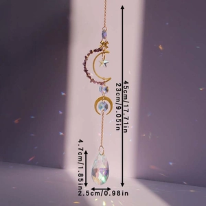 Detailed dimensions of moon sun catcher with purple crystals and rainbow pendant