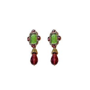 Vintage bronze earrings with green enamel and red teardrop crystal pendants