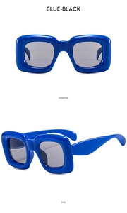 Detailed views of blue square bubble sunglasses for children with dark grey lenses