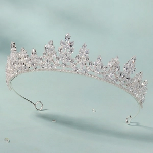 Macro detail of silver bridal tiara with sparkling marquise cut zircon gemstones