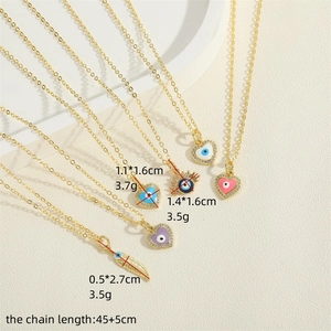 Gold Evil Eye heart and feather pendant necklaces with colorful zircon and size details