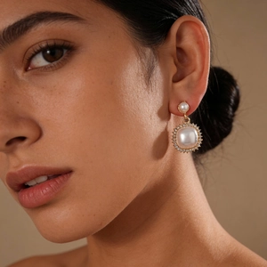 Close-up of French vintage style drop earrings with white pearls and gold accents