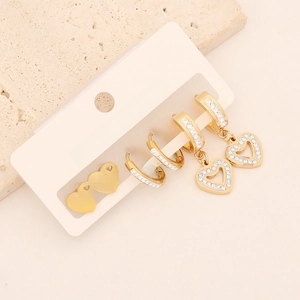 Three-pair gold stainless steel earring set with heart, love engraving and crystals