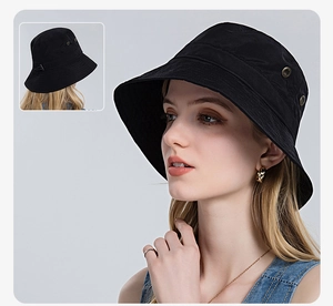 Détail d'un chapeau de soleil noir avec œillets métalliques et texture en nylon