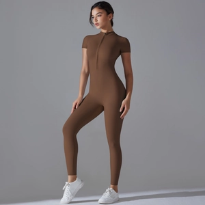 Detailed full-length view of a coffee brown athletic jumpsuit with front zipper
