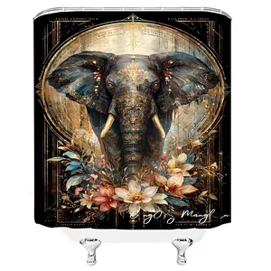 Detail of luxury shower curtain featuring ornate elephant and floral patterns in gold and black