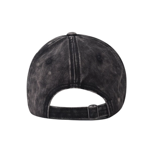 Rear view of washed black baseball cap with adjustable metal buckle on textured fabric