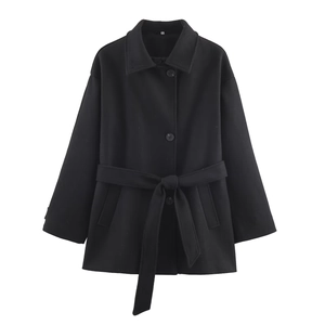 Women's black mid-length wool coat with notched lapel and waist belt on white background