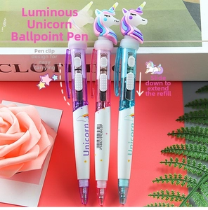 Luminous unicorn ballpoint pens in pink, purple, and blue colors with LED light function